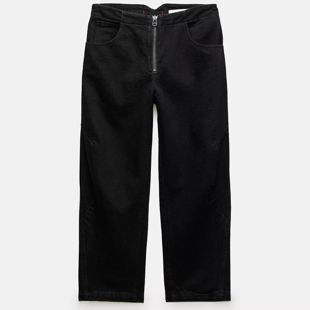 Zara Women's mid rise cropped Barrel Jeans black